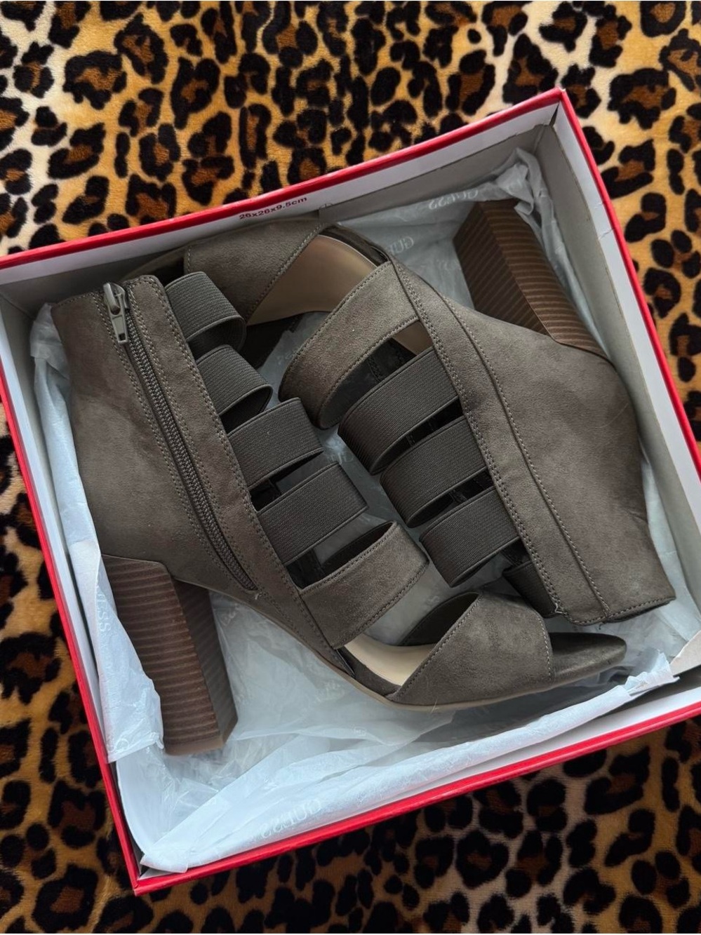 GUESS Women's Taupe Strappy Peep-Toe Block Heel Booties